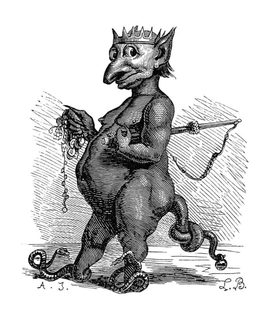 Depiction of Abraxas, rendered here as a crowned demon with pointed ears, a prominent nose, a knotted tail, and feet formed by two serpents. He carries a whip tucked beneath one arm and holds a handful of jewels in the other hand.
