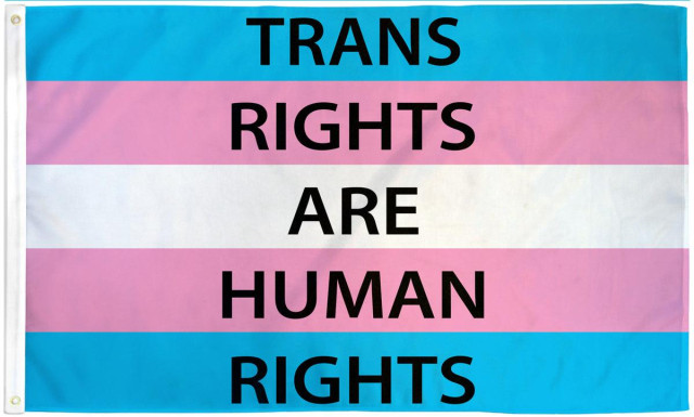 Trans flag with the text "Trans Rights Are Human Rights"
