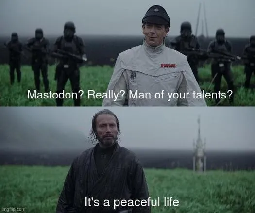 Star wars meme. Empire soldier land to interrogate the retired general. "Mastodon? Really? Man of your talents?". He replies: "It's a peaceful life"

From: https://knowyourmeme.com/memes/its-a-peaceful-life

"It's a Peaceful Life, also known as Really? Man Of Your Talents?, is a reaction image and image macro meme format using a scene from the 2016 film Rogue One: A Star Wars Story in which the character Galen Erso (played by actor Mads Mikkelsen) tells Orson Krennic (Ben Mendelsohn), "It's a peaceful life," after Krennic expresses pitiful shock that Erso is a farmer"