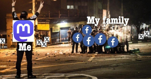 A dark street scene. One person ("Me" with a Mastodon logo) is standing in the foreground with both arms raised making peace signs with both hands. They are looking toward a huddled group of cops with riot shields ("My family" with a bunch of facebook logos). Scattered around the area are some other people that have the X (old twitter) logo.