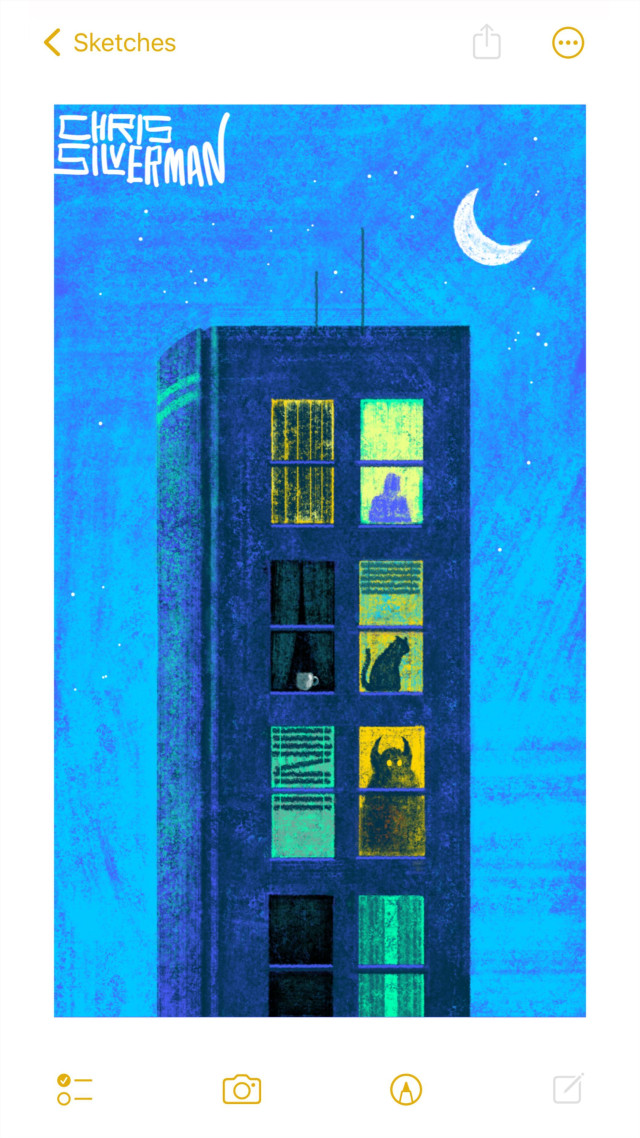 A tenement building against a bright blue night. A white crescent moon sits in the top right of the sky. On closer inspection, the tenement is actually a book, with two greenish bars on the spine. There are multiple windows on the cover of the book, with different colored light. Some of the windows are dark or have curtains or blinds drawn. In the windows are various entities: a person, a cat, a monster, a teacup. The painting is signed "Chris Silverman".