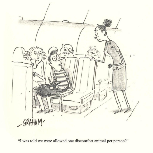A cartoon illustration of a man sitting on an airline passenger seat with a strange creature in his lap, talking to a concerned looking flight attendant. Caption reads "I was told we were allowed one discomfort animal per person?"