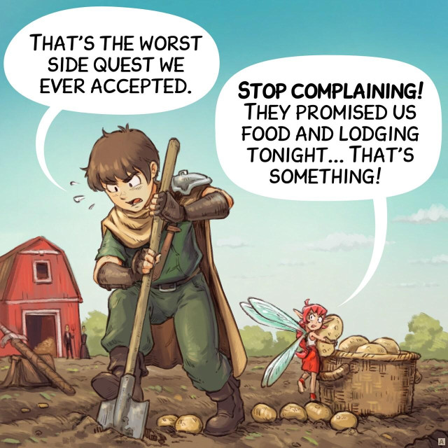 Panel 1. The adventurer and the Pink-fairy are working to harvest potatoes in a large field, a farm and the farmers in background.  
> Adventurer: "That's the worst side quest we ever accepted."  
> Pink-fairy: "Stop complaining! They promised us food and lodging tonight... That's something!"