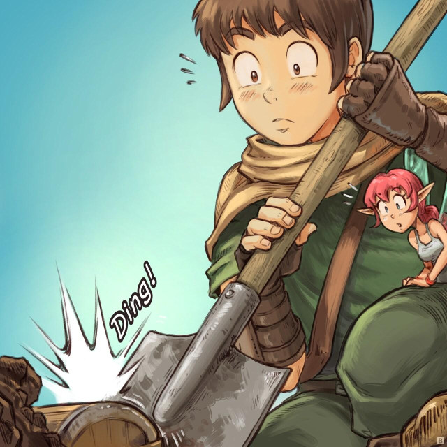Panel 2. The adventurer's hoe strikes something hard, both him and the Pink-fairy look surprised.  
> Sound-Fx: "Ding!"