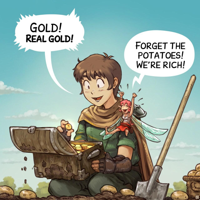 Panel 3. The adventurer knees near a small cascet filled with gold. The two characters are delighted.  
> Adventurer: "Gold! Real gold!"  
> Pink-fairy: "Forget the potatoes! We're rich!" 