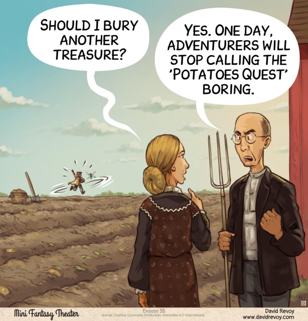 Panel 4. The old farmer and his wife watch the Adventurer and Pink-fairy dancing joyfully in the field, in the distance. The woman points a finger to them, asking. The farmer reply to her with dertermination and a hint of frustration.  
> Farmer's wife: "Should I bury another treasure?"  
> Farmer: "Yes. One day, adventurers will stop calling the 'Potatoes Quest' boring."  