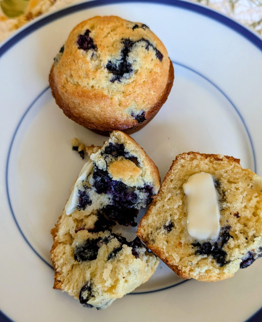 I snacked on the excess blueberry muffins after I baked today. There are two muffins on a white plate with blue trim. One muffin is cut in half with butter melting on it. 