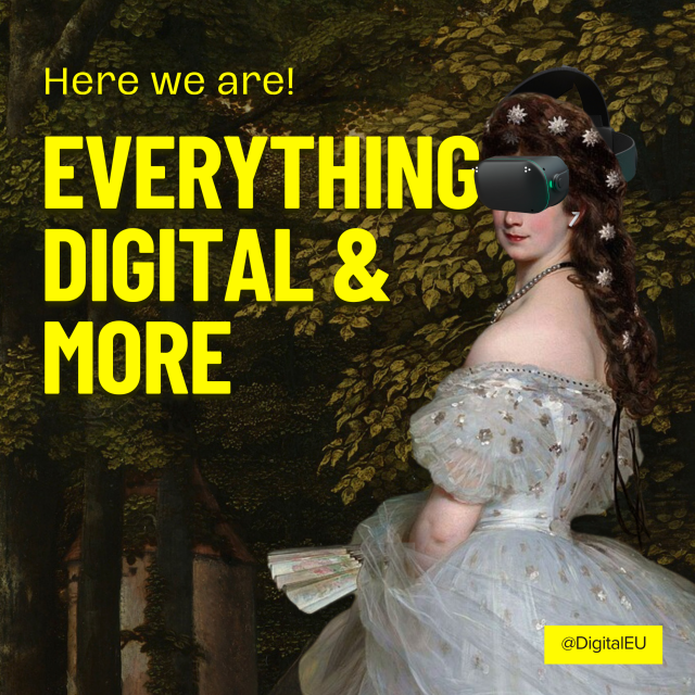 Woman in a white dress wearing a VR headset beside bold yellow text: EVERYTHING DIGITAL and MORE.