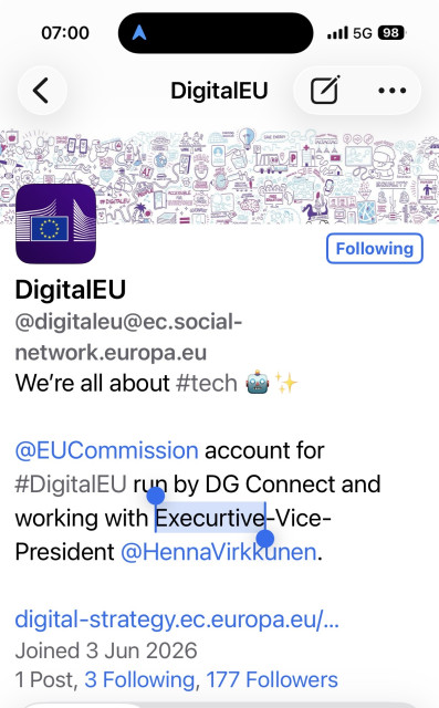Screendump of the DigitalEU bio where the word 'Execurtive' is highlighted. It's likely supposed to read 'Executive'.