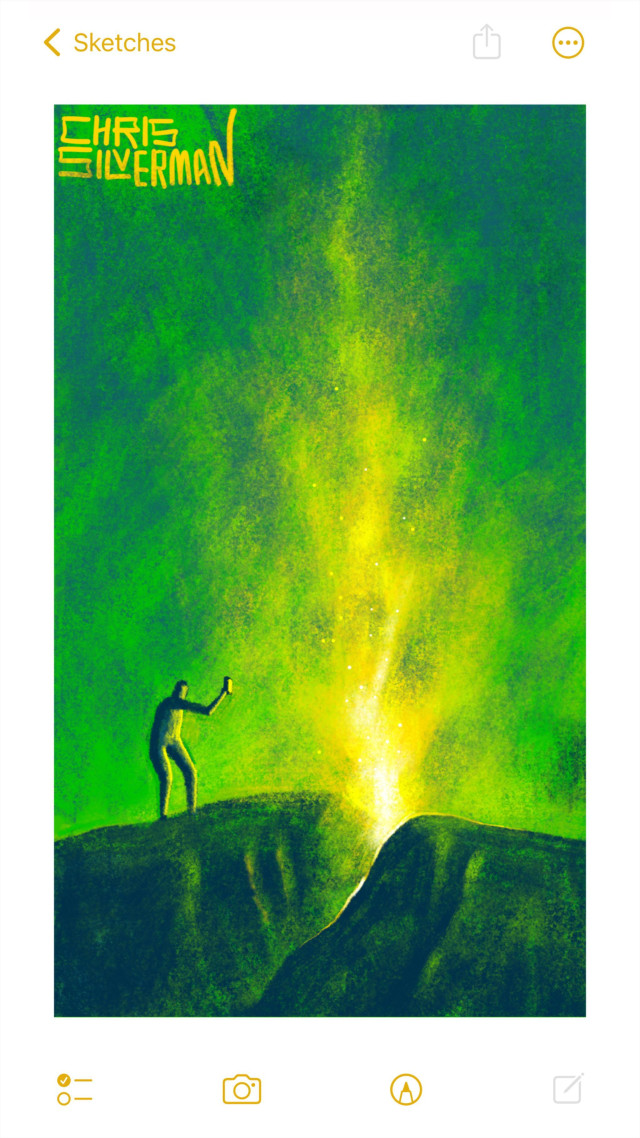 Yellow-white fire explodes into a green sky, erupting from a crack between two rocks. Standing to the left is a small figure, filming the scene on its phone. The painting is signed "Chris Silverman".