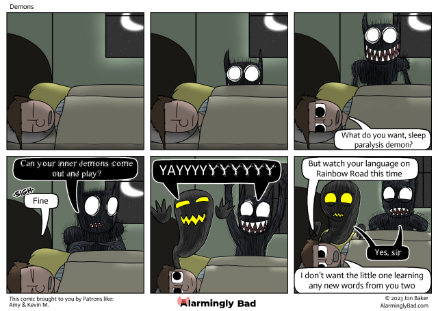 Alarmingly Bad comic where the sleep paralysis demon and the inner demon have a play date