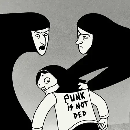 Immagine tratta dal fumetto Persepolis dove due guardiane della polizia religiosa iraniana afferrano una ragazzina con velo e maglietta bianca con scritto "punk Is not ded" 