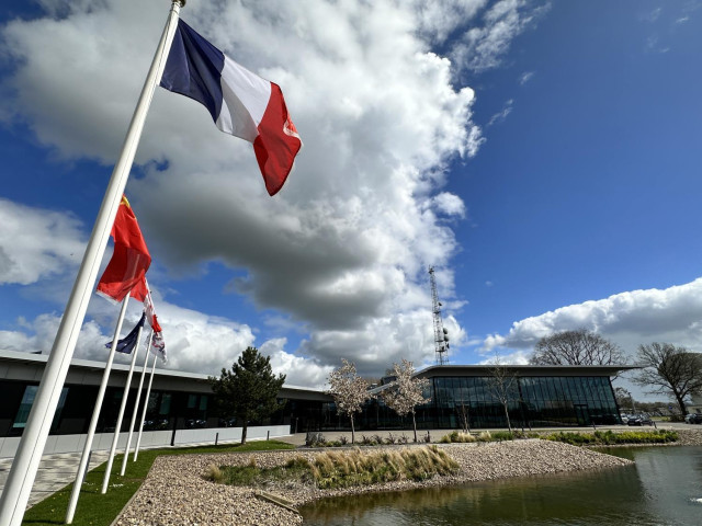 The French flag flying outside SKAO Global Headquarters in the UK