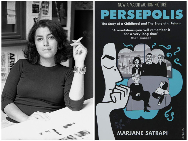 On the left a black and white photo of Marjane Satrapi holding a cigarette and smiling for the camera, on the right the cover of Persepolis, with the tagline "Now a major motion picture" and "The story of a childhood and the story of a return" and the quote "A revelation... you will remember it fora  very long time". 