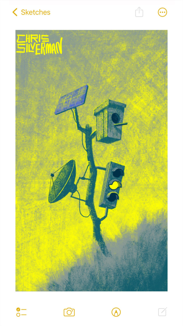 A small, stumpy tree trunk sticks out of a dull gray, grassy hillside. The sky is yellow-gray. The trunk has several random objects fixed to it: a satellite dish, a traffic light displaying a yellow signal, a birdhouse, and a solar panel. The painting is signed "Chris Silverman".