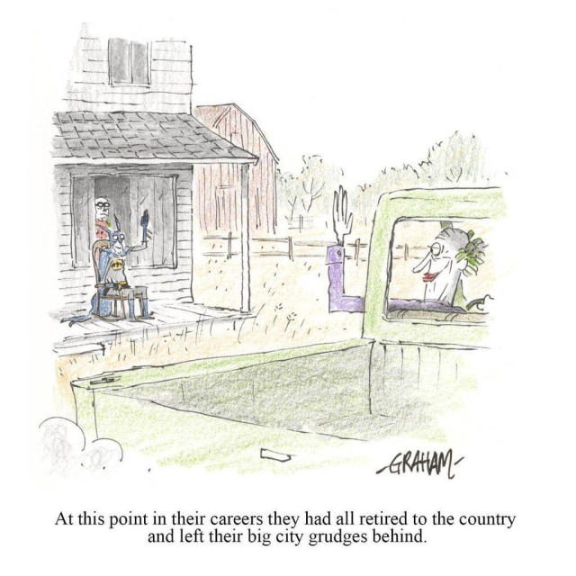 A cartoon illustration of an old and balding Joker driving a pickup truck and waving to an old Batman on a rocking chair sitting on his porch with Robin behind inside. Caption reads "At this point in their careers they had all retired to the country and left their big city grudges behind."