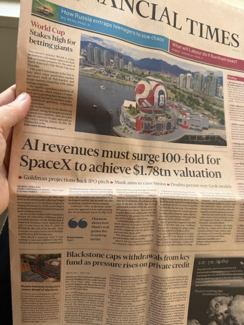 Front page of the Financial Times newspaper for June 5, 2026. The headline reads: AI revenues must surge 100-fold for SpaceX to achieve $1.78tn valuation