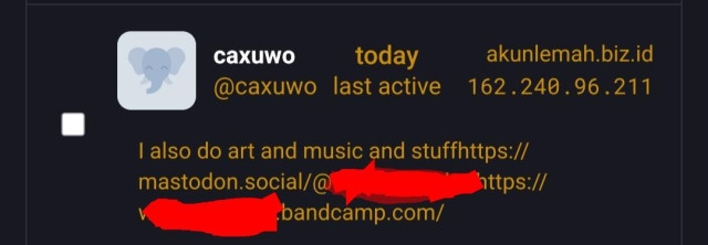 A screenshot of a mastodon account request. The username, "caxuwo" and the email domain "akunlemah.biz.I'd" are a dead giveaway that this is a spam account. 

The description says:

"I also do art and music" followed by a mastodon address and bandcamp account. 