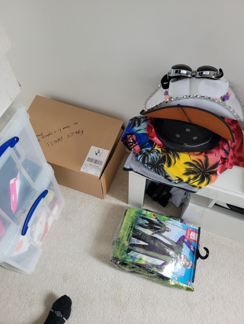Various shirts, hats, goggles and a random octopus outfit