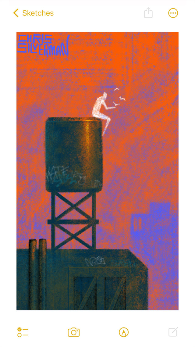 An industrial scene: a grungy building with a water tower on top, set against a dull reddish-orange sky. The water tower glints in the sunlight. Both the tower and the building have fading graffiti tags on them. In the background is the blurry purple outline of another factory building. Sitting on top of the water tower is a ghostly white figure, feeding some white birds. The painting is signed "Chris Silverman".