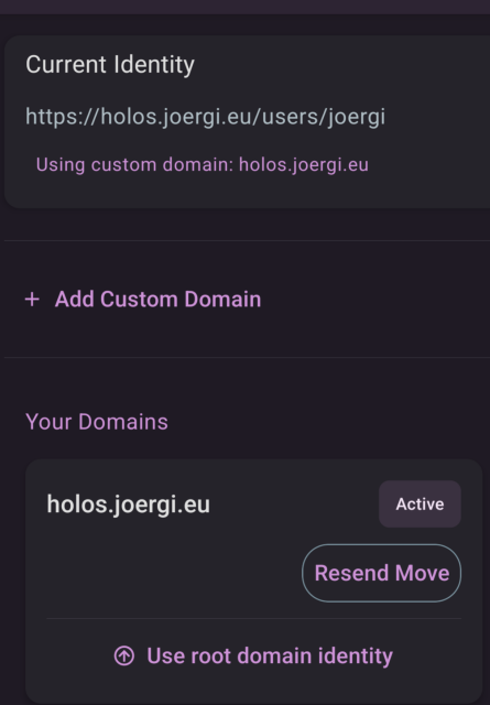 screenshot from holos custom domain setting, showing that I use my own domain, without running an server for it