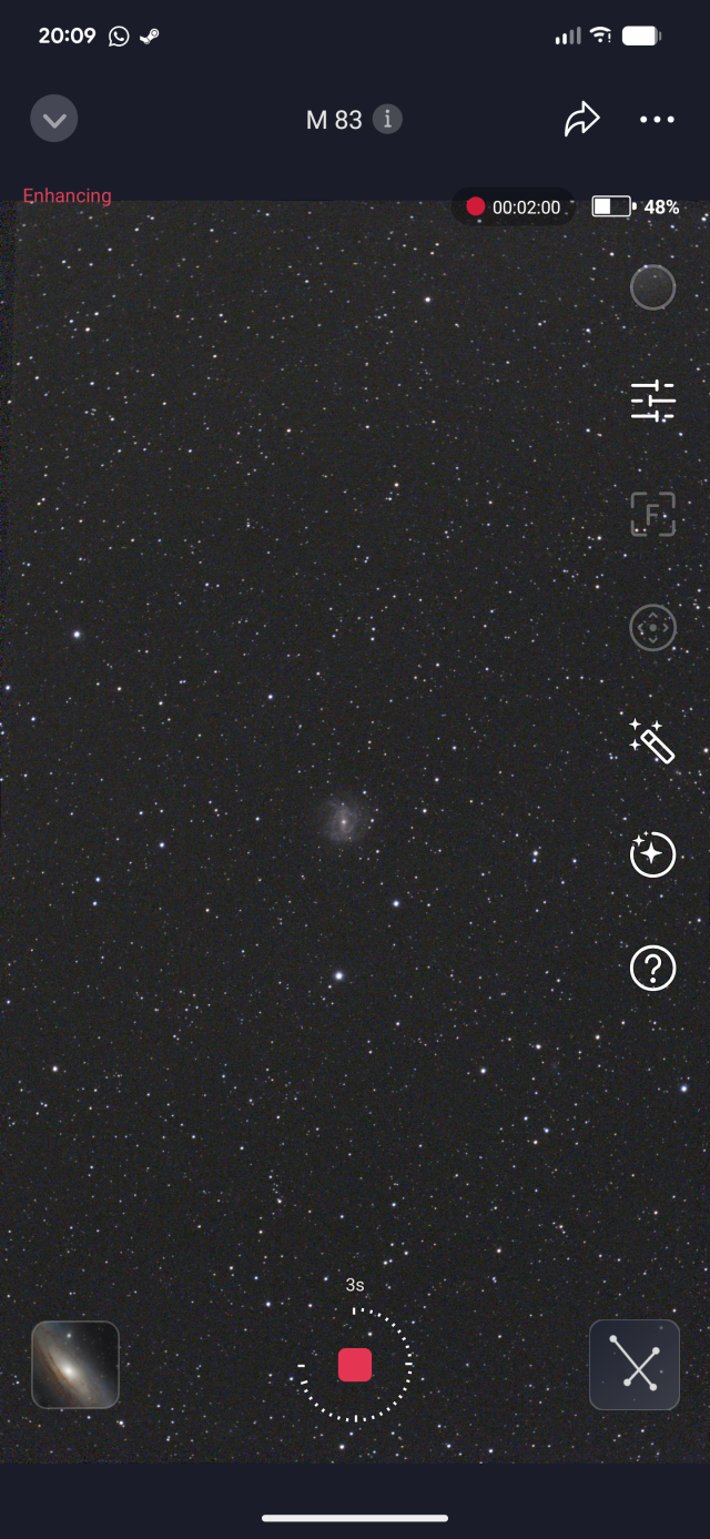 Screenshot of the Seestar app showing an imaging session on M83 in progress.