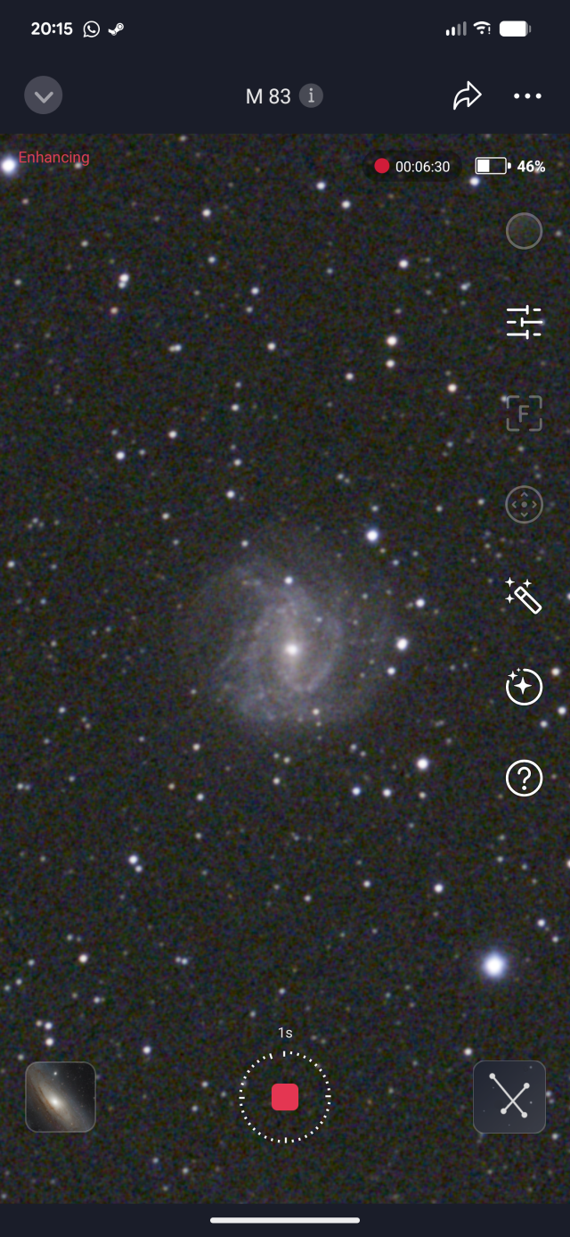 Screenshot of the Seestar app showing an imaging session of M83 in progress, zoomed in on the galaxy