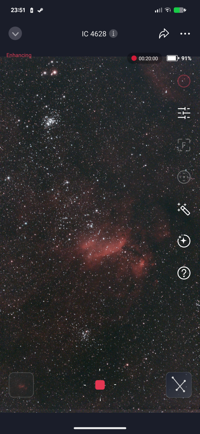 Screenshot from the Seestar app showing an imaging session in progress on the Prawn Nebula
