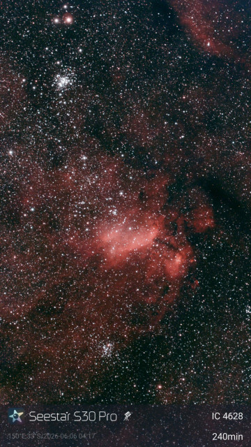 Image of the Prawn Nebula, emission nebula in a dense star field, taken with a Seestar S30 Pro smart telescope.
