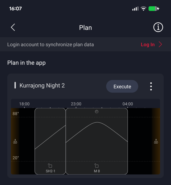 Screenshot from the Seestar app, showing a visualisation of an imaging plane including SH2-1 and M8.