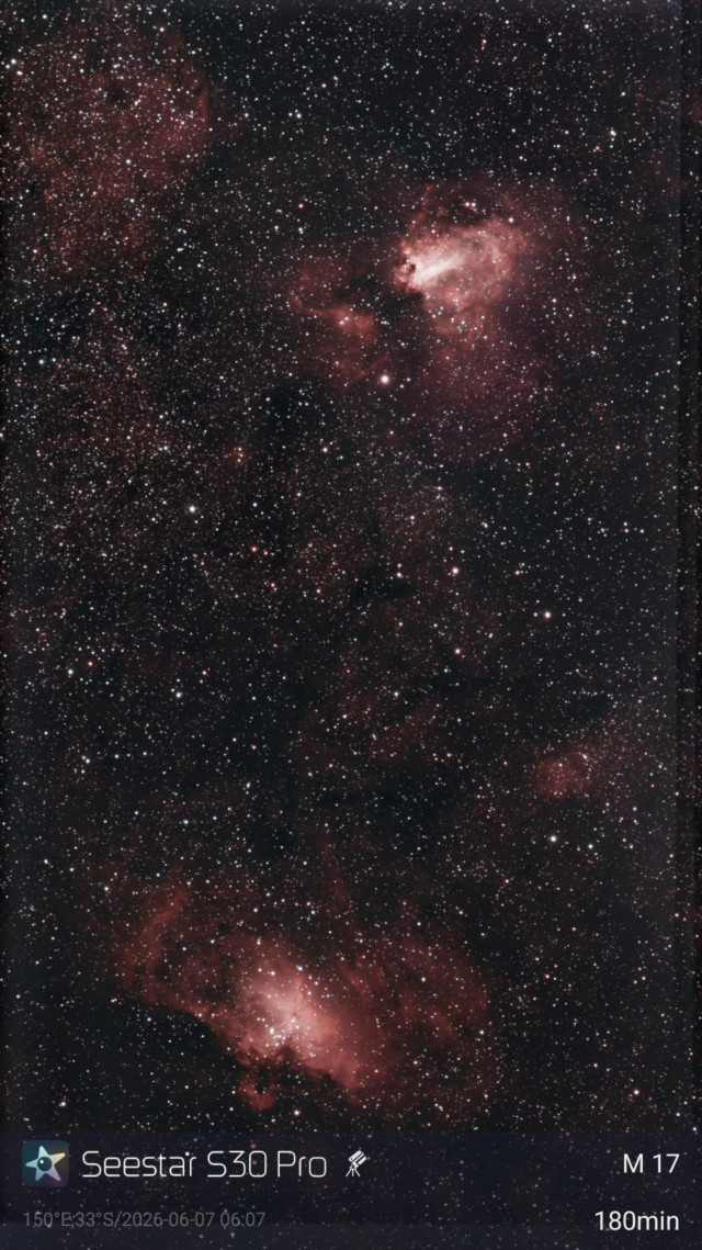 Image featuring two emission nebulae, ones at the top (Swan Nebula) and one at the bottom (Eagle Nebula).