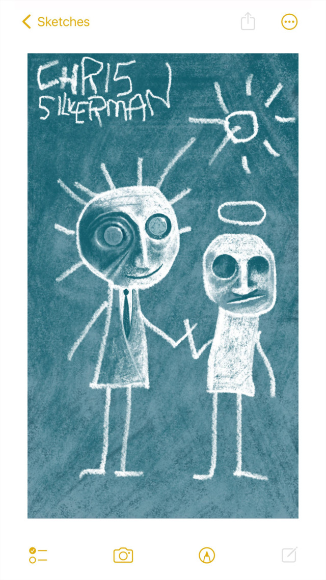 Two strange figures stand side-by-side against a dull greenish background that looks like a chalkboard. The figures are drawn in white linework that looks like chalk. Both are crudely rendered at first glance: stick figures, hair in straight lines, standing under a sun that looks like a toddler drew it. Their faces and bodies, though, are much more detailed. The figure on the left is wearing a white coat with a tie, and has an eerily craggy face and large, empty, eyes on which are placed lenses. The figure on the right, which it is holding hands with, is dressed entirely in white, and has a slightly simpler face, although its eyes are also large and empty. A crude halo is drawn above its head. The painting is signed "Chris Silverman".