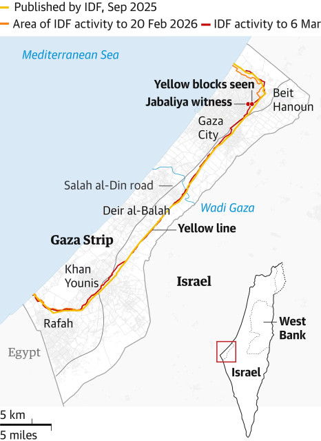 Map of Gaza, showing the 'yellow line' now runs through both Gaza City and Khan Younis, and is generally just east of the central Gaza highway, the Salah al Din road. The map does not distinguish between urban and rural Gaza, but in fact the area west of the highway is heavily urbanised. 