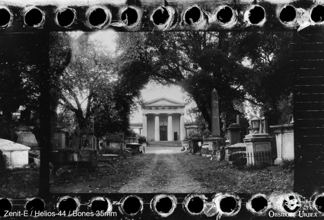 Photo of graveyard in black and white, trees and large crypt with gravestone avenue