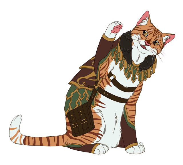 ser pounce a lot from dragon age, an orange tabby with white belly and socks wearing kitty armor.