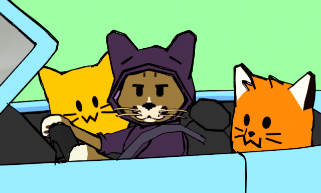 some cat sitting in the driver's seat of a convertible vehicle, with a blobcat in front passenger seat and a blobfox in the back seat. some cat and the blobcat are turned to face the viewer (the blobfox looks ahead)