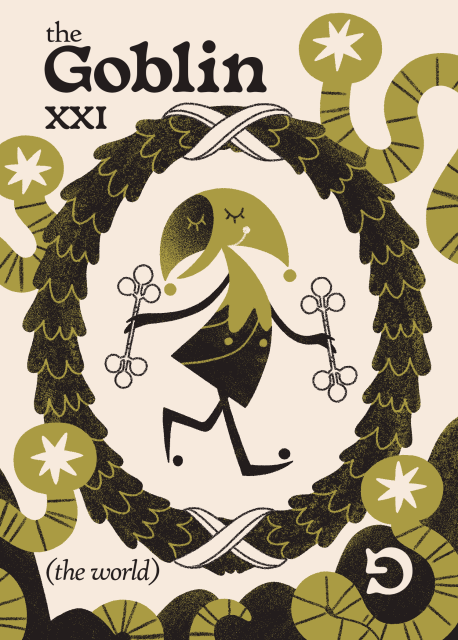 'The World' card from the upcoming Goblin Tarot. A goblin holds two wands and dances within a wreath surrounded by four worms.
