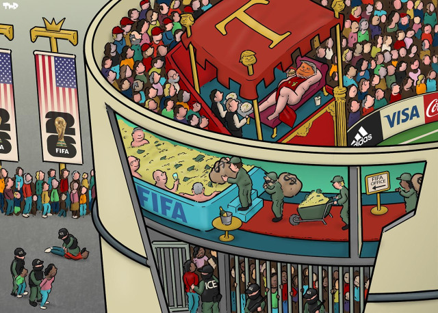Cartoon showing a FIFA World Cup stadium from the top and side. We see Donald Trump lounging naked as an emperor in a pavilion amidst the audience, eating a McDonalds burger. The side of the stadium is a cross-section: on the second floor, we see FIFA officials bathing in a pool of money, while workers are carrying in more profits. On the first floor ICE officials are locking up people of color in prison cells. Outside the stadium, people are lining up to enter, while yet more ICE officers are arresting more people of color.