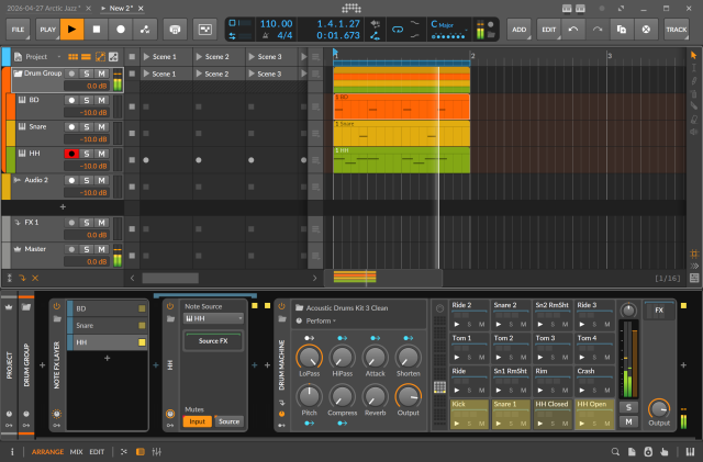 Bitwig Studio screenshot showing a Group Track (folder) with nested tracks beneath. The Group Track uses a Note FX layer to route the note data from the sub tracks into the group which contains a Drum Machine device.