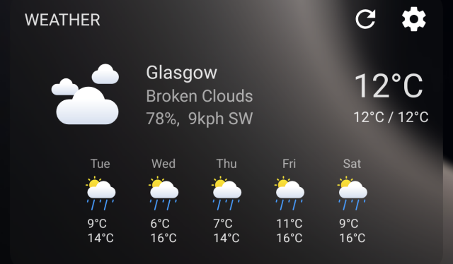 Screenshot of my weather app saying that the weather for this week in Glasgow will be: rain, rain, rain rain and.. rain
with temperatures every day between 6 and 16 degrees C 
