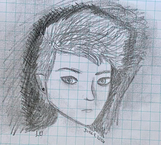 A pencil sketch of a person with a unique hairstyle and a serious expression, set against a textured background. The drawing is on grid-patterned paper and includes the date "June 8, 2026."