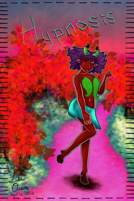 An illustrated character with purple hair, wearing a leaf-themed top and a light blue skirt, poses against a colorful background of pink and orange hues. The word "Hypnosis" is prominently displayed at the top, alongside a signature and date at the bottom
