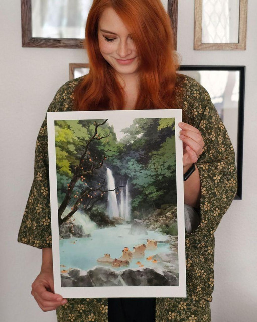 photo of the artist holding a print