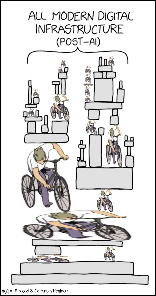 The XKCD "All Modern Digital Infrastructure" meme, of a bunch of rectangular blocks precariously balanced, representing modern software stacks. The title has been edited to add the parenthetical "(Post-AI)", and many of the blocks have been replaced with the meme of someone riding a bicycle sticking a pole into the spokes of their own front wheel, about to make themselves fall down.