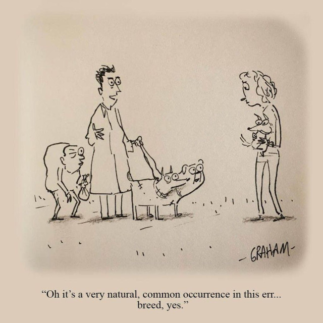 A cartoon illustration of Dr. Frankenstein walking a two headed dog with his assistant Igor, and talking to a fellow dog walker. Caption reads "Oh it's very natural, common occurrence in this err... breed, yes."