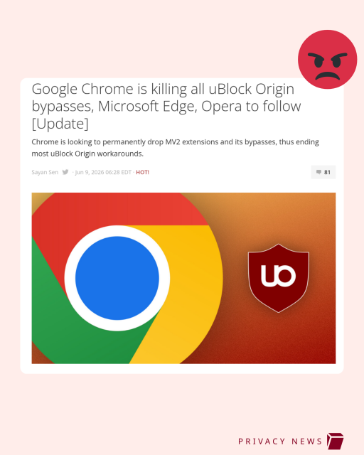 Screenshot of the headline "Chrome is killing all uBlock Origin bypasses (...)" with an angry emoji