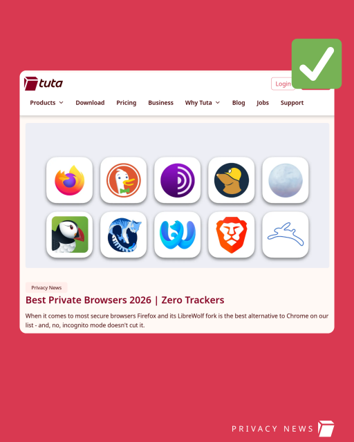 Screenshot of Tuta blog post about best private browsers in 2026