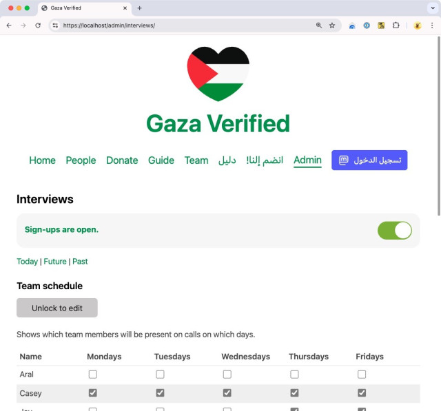 Screenshot of the Gaza Verified admin interface (Interviews section) running on https://localhost/admin/interviews/ showing the Sign-ups are open checkbox And the Team Schedule section with a table of volunteers to days with checkmarks for which day a volunteer is active this week. The main navigation shows Home, People, Donate, Guide, Team, دليل, and انضم إلنا! as well as a تسجيل الدخول button.