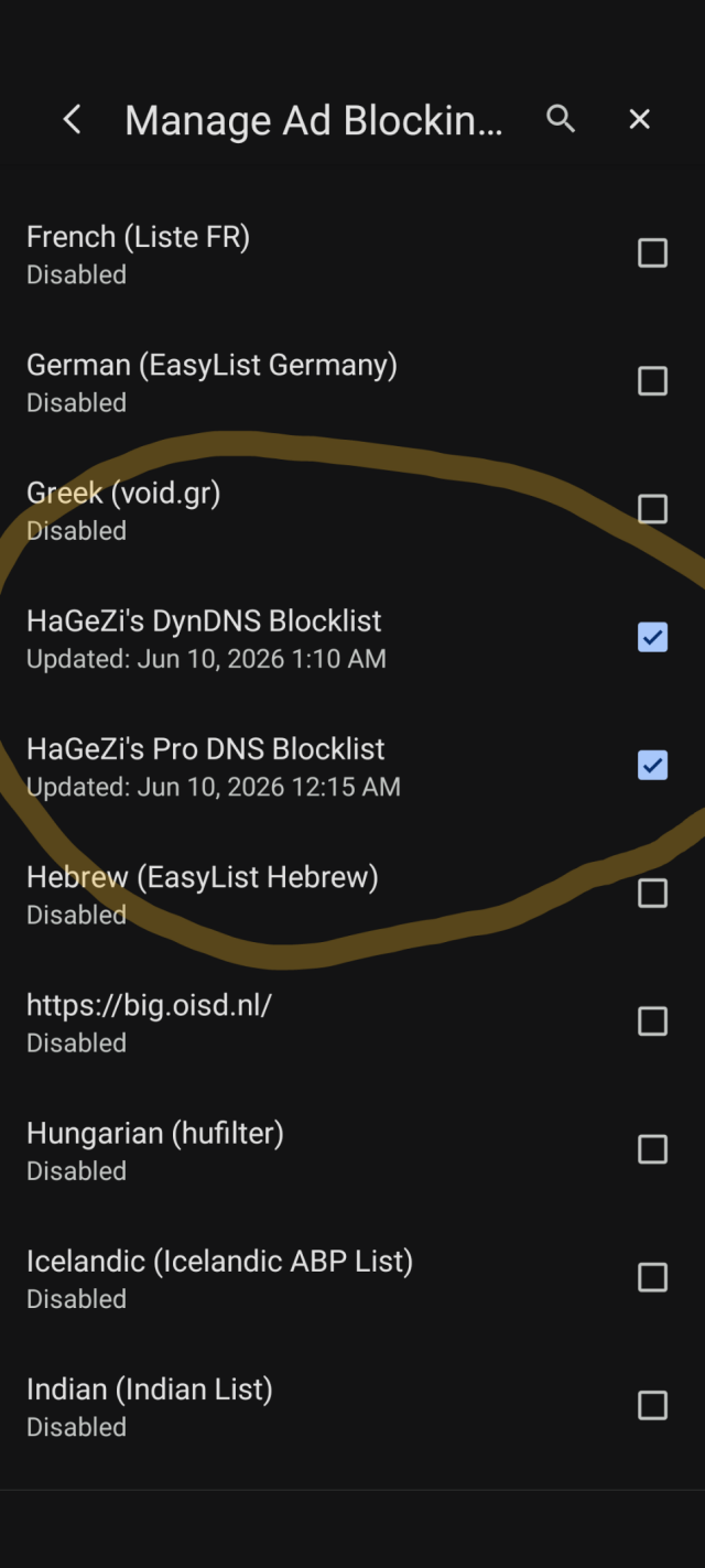 Screenshot of some added blocklists in Vivaldi for Android.