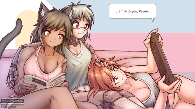 A digital illustration of three women cuddling on a couch together.

On the left is a catgirl reading The Rust Programming Language (2024 edition). In the middle is an android or robot girl. On the right is a human girl, with her head resting on the robot girl's lap. She's playing Armored Core 6 on a Steam Deck.

A speech caption coming off the Steam Deck reads "... I'm with you, Raven." The image on the screen shows a specific ending's boss-fight cutscene from Armored Core 6.

The android girl has her arm around the back of the catgirl, and her other hand on the human girl's head.

They are all looking towards the scene happening on the Steam Deck.

The background is a polyamorous pride flag.